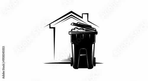 A black and white graphic of a trash bin under a house outline