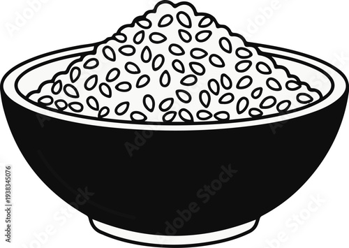 A black and white illustration of a bowl overflowing with rice grains