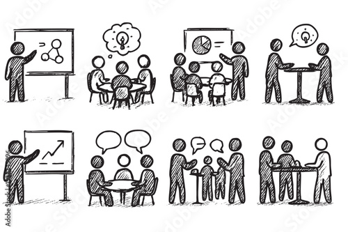 Hand-drawn illustration showcases business meeting scenarios, brainstorming ideas, presenting data, and team discussions, perfect for corporate communications and creative projects.