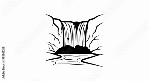 Stylized black and white depiction of a cascading waterfall into a rippling pool