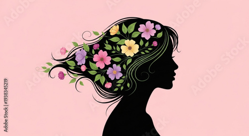 Woman with flowers in hair, elegant silhouette with floral design