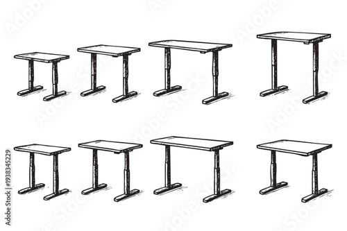 Hand drawn sketch of adjustable height standing desks of varying heights, in monochrome, showing flexibility and ergonomic office furniture. Great for illustration, concepts.