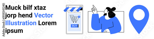 Mobile phone with shopping cart, person pointing, blue navigation pin. Ideal for e-commerce, retail apps, navigation services, online stores, digital marketing, user guides, business presentations