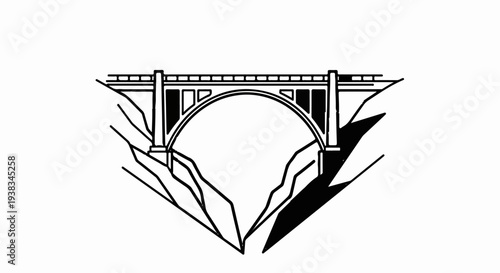 Stylized black and white depiction of a concrete arch bridge spanning a gorge