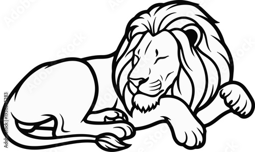 A majestic lion with a flowing mane rests peacefully on its paws