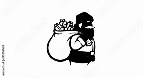 Stylized black and white depiction of Santa Claus carrying a large sack of gifts