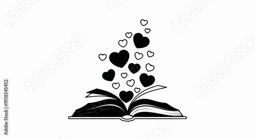 An open book releases a cascade of black and white hearts upward