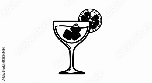 A stylized line drawing of a martini glass with ice and a lemon slice
