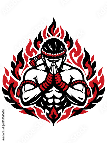 Illustration of a Muay Thai fighter praying with fire, The Art of Eight Limbs.
