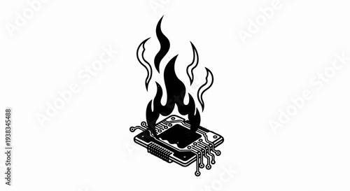 Black and white illustration of a computer chip engulfed in flames