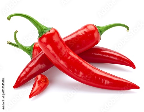 Three red chili peppers with vibrant green stems, one tiny pepper, isolated on a stark white backdrop