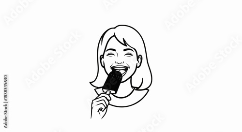 Cheerful woman biting into a dark frozen treat on a stick