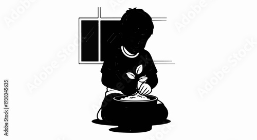 Child planting seedling in pot indoors near window