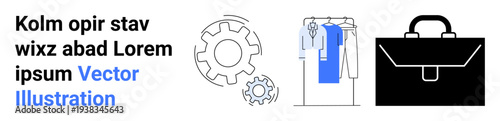 Gears and partial gear in black and blue, shirts on a clothing rack, black briefcase, black and blue placeholder text. Ideal for business, industry, organization, corporate identity, manufacturing