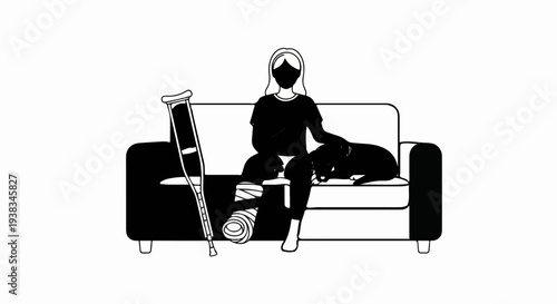 Person on sofa with injured leg and crutches, pet dog near