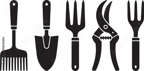 Black Silhouette Icons of Garden Tools Including Trowel Fork and Pruners gardening spade