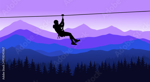 Silhouette of a person zip-lining across a mountain range in this vibrant vector illustration, showcasing adventure and freedom