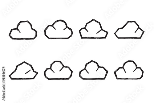 Eight hand-drawn cloud icons with rough, sketchy outlines are isolated on a bright white background, creating a simple and playful vector graphic illustration.