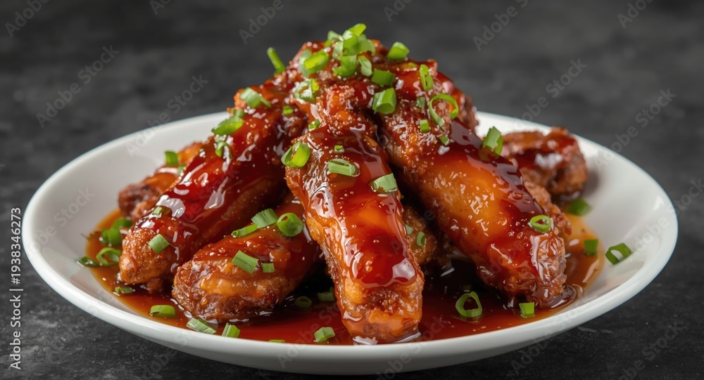 Fototapeta premium Crunchy fried wings enveloped in savory galbi flavored glaze