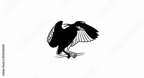 Stylized black bird with outstretched wings perched on a branch
