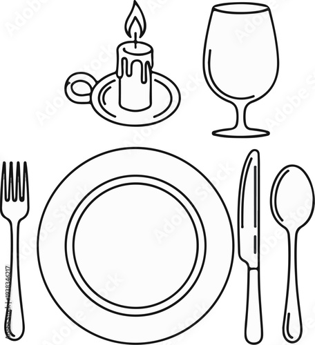 A table setting for one includes a plate, fork, knife, spoon, glass, and lit candle