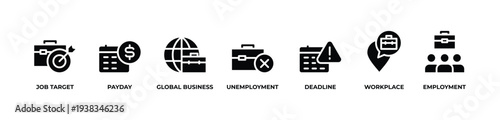 Workforce Milestones Icons set vector illustration glyph with Job target, Payday, Global business, Unemployment, Deadline, Workplace, Employment