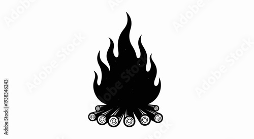 Stylized black silhouette of a campfire with rolling logs and bright flames