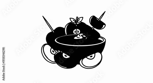 Stylized illustration of apples being dipped in a dark liquid