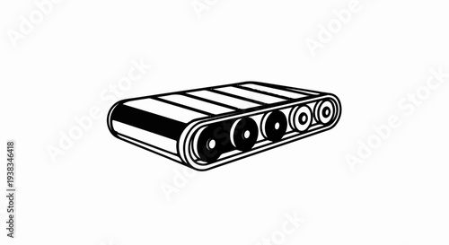 Black and white graphic of a conveyor belt with wheels and a textured surface