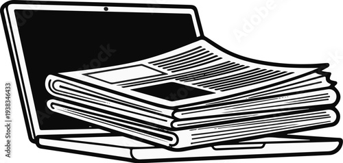 Stack of newspapers resting on an open laptop