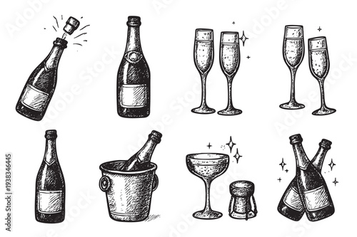 Hand-drawn illustrations of champagne bottles, glasses, and ice bucket in black and white, perfect for festive invitations, greeting cards, and party decorations.