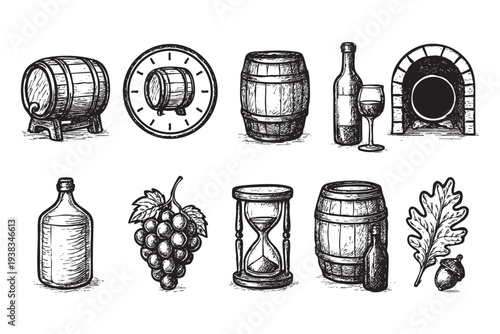 Hand-drawn sketches feature barrels, wine bottle, grapes, hourglass and brick oven, creating a rustic and artisanal feel perfect for winery or vineyard marketing.