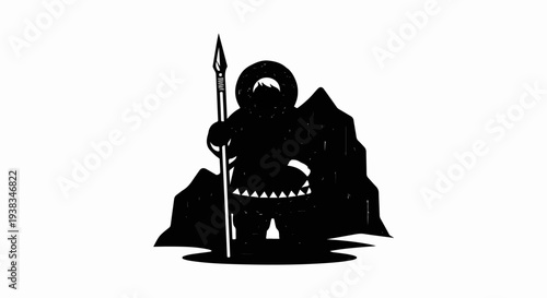 Silhouette of an arctic figure with a spear, standing beside mountains