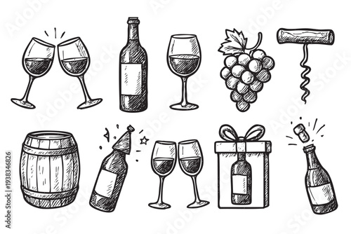 Hand-drawn illustration of wine elements, including bottles, glasses, grapes, and a barrel, ideal for celebrations, tastings, or wine-related designs.