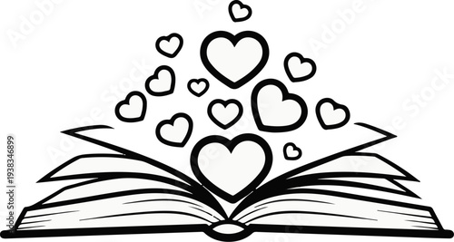 An open book with hearts emerging from its pages