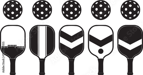 Collection of black and white pickleball paddles and balls in a graphic vector style on a white background