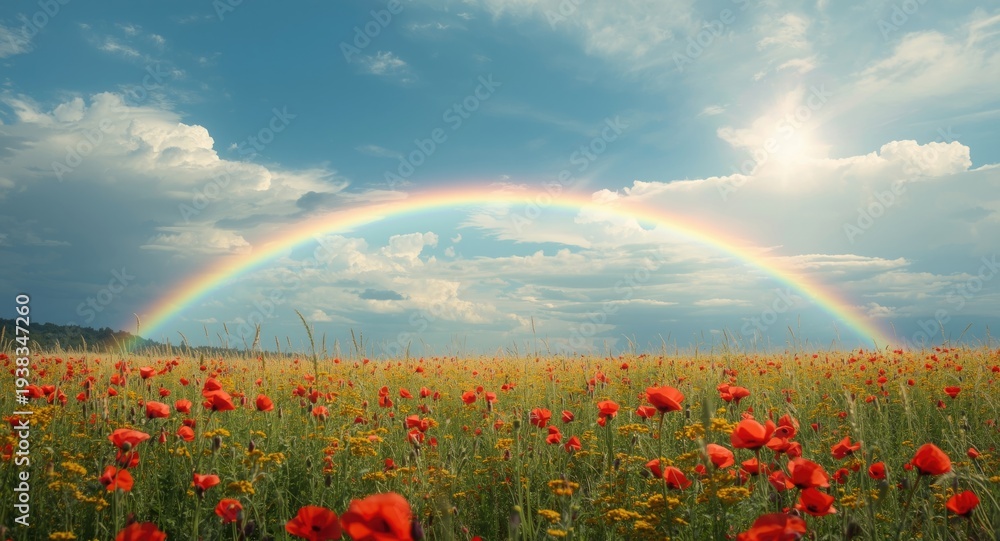 Fototapeta premium Bright rainbow curving above a vibrant meadow full of red poppies beneath soft clouds and a sunny blue sky