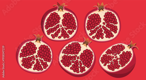 Vibrant pomegranate slices on red background for healthy food concepts