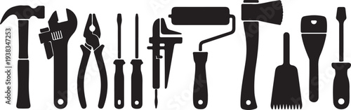 Collection of Black Silhouettes of Various Hand Tools and Painting Supplies hammer wrench
