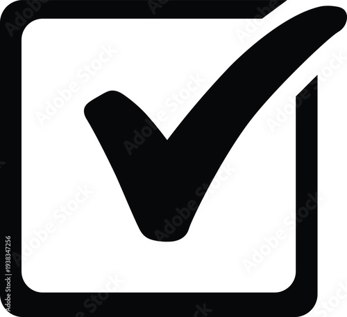 Square Framed Black Check Mark Icon for Success and Approval Concept, modern mobile app interfaces, business checklists, quality assurance branding, and website navigation.