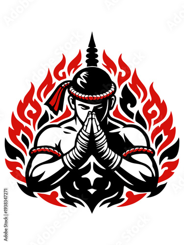 Illustration of a Muay Thai fighter praying with fire, The Art of Eight Limbs.