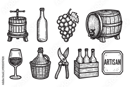 Black and white sketch illustration featuring a wine press, bottle, grapes, barrel, glass, pruning shears and other winery elements for an artisanal wine production.