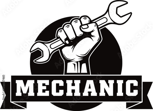 Mechanic logo with hand holding wrench and banner