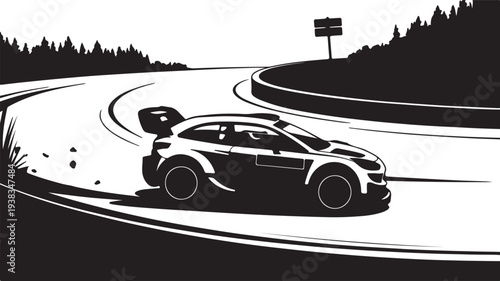 Rally car drifting around a sharp turn on a forest road with a sign Keywords: rally car, racing, drifting, motorsport, car, automobile, speed, competition, track, road