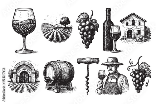 Hand-drawn illustration of winemaking elements including a wine glass, grapes, vineyard landscape, barrel, and winegrower, in a black and white, rustic, vintage style.