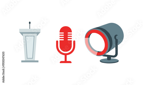 Public speaking equipment podium microphone and spotlight vector illustration event icons