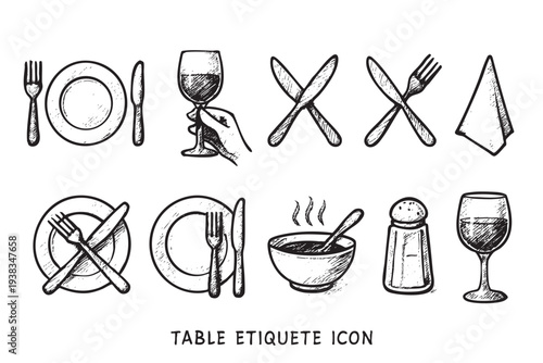 Hand-drawn illustration of various table etiquette icons in a sketchy style, isolated on a white background, for use in menus or instructions.