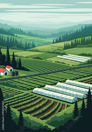 Beautiful expansive vector illustration of a lush green farm with rows of crops and greenhouses, showcasing agricultural productivity in a scenic landscape