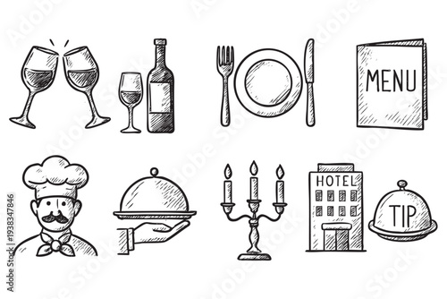 Hand drawn icons depicting the restaurant and hotel business in black and white, including food, drink, and lodging, perfect for a travel or hospitality concept.