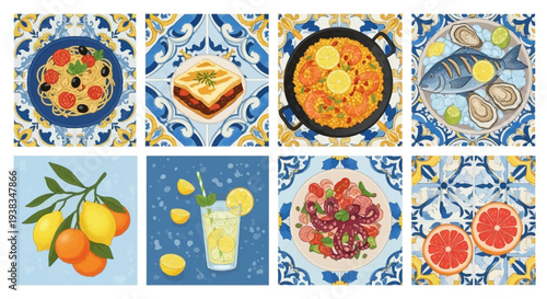 Colorful food and drink illustrations on tiles.